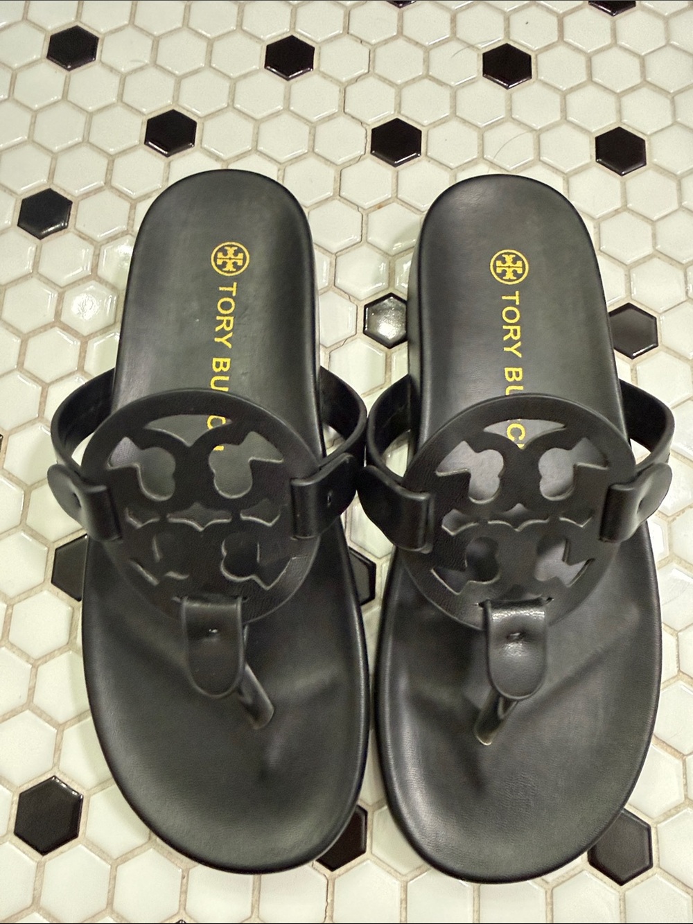 Tory Burch Black Logo Cutout Thong Sandals